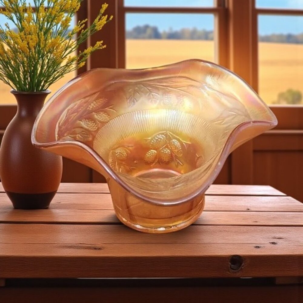 Vintage Fenton Marigold Carnival Glass Blackberry Spray Ruffled Candy Dish